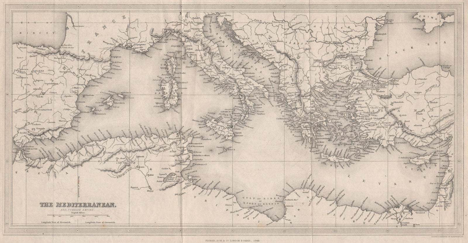 The Mediterranean & Turkish Empire. FINDLAY 1840 old antique map plan chart